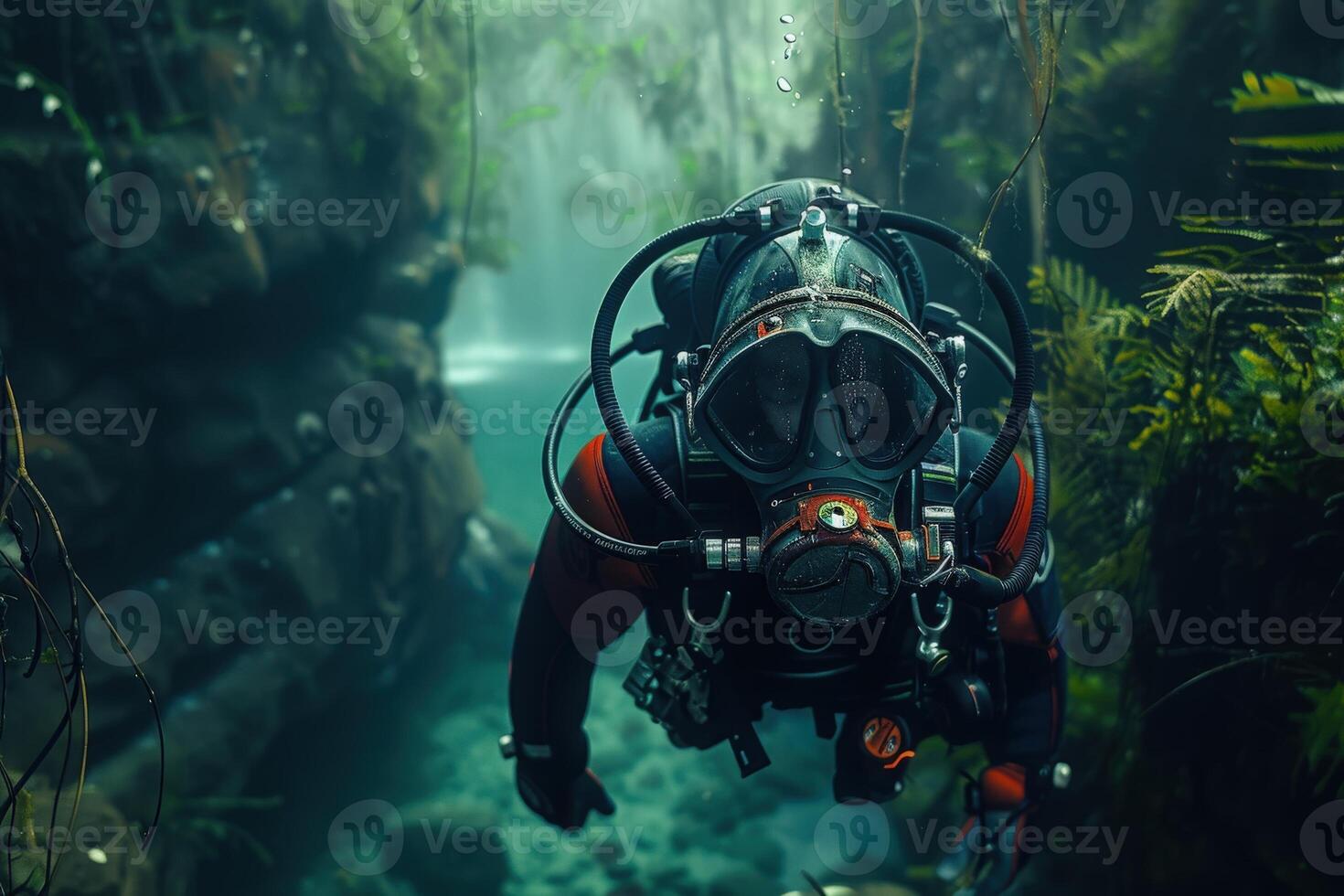 A diver ventures into an enchanting underwater cave, adorned with lush vegetation, utilizing advanced diving technology for exploration. photo