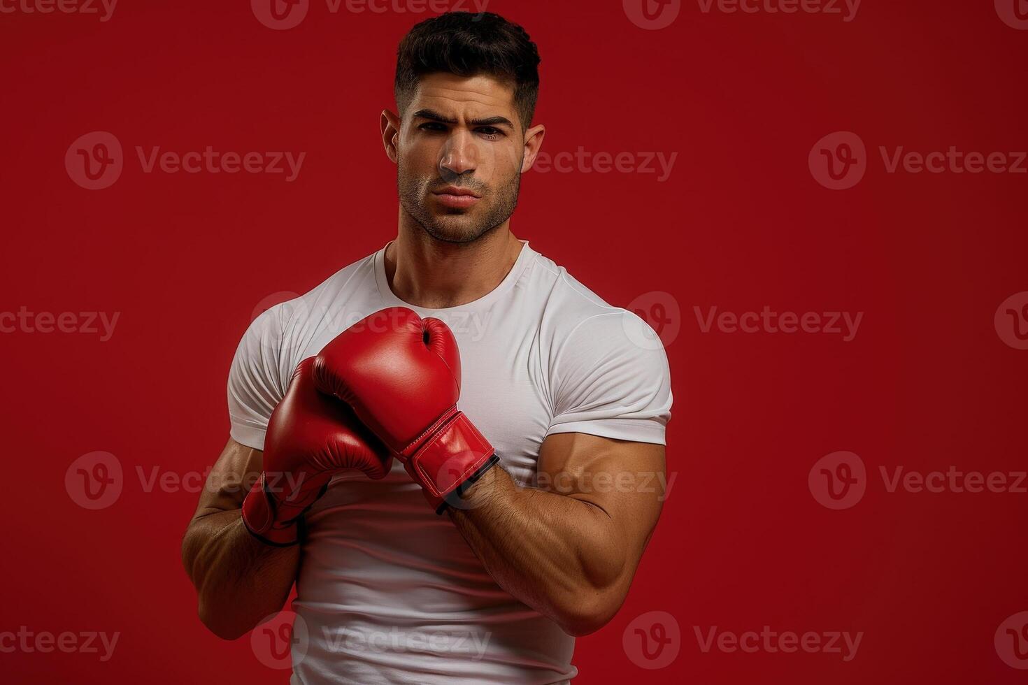 A determined salesman stands confidently with boxing gloves on, poised and ready for a challenge against a vibrant red backdrop. photo