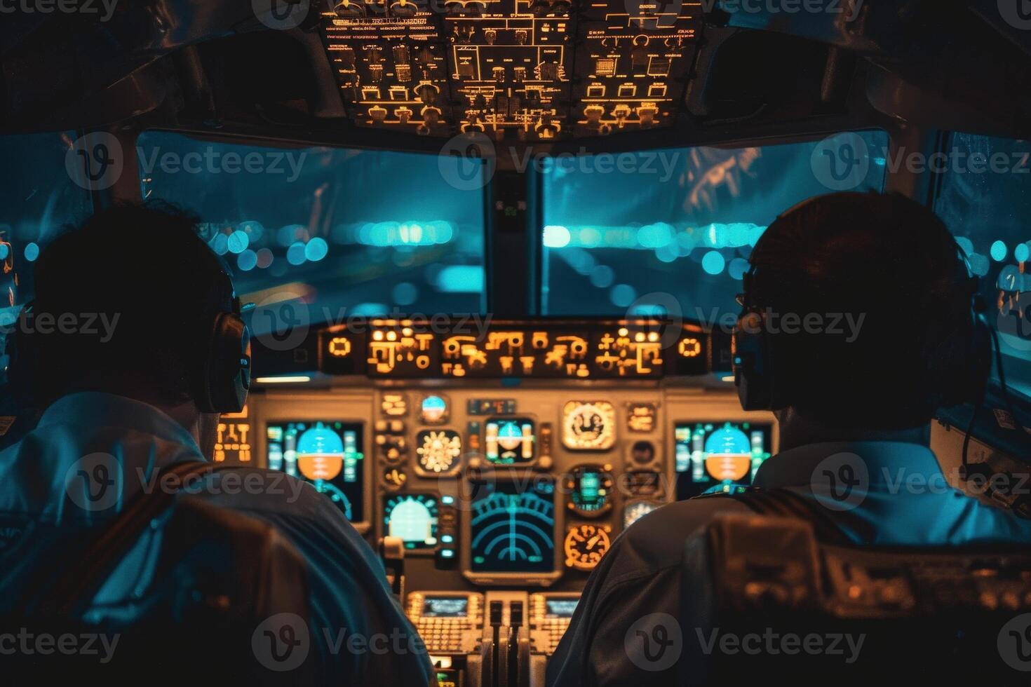 Two pilots navigate an isolated cockpit filled with glowing instruments, readying for a night takeoff as the runway lights beckon. photo