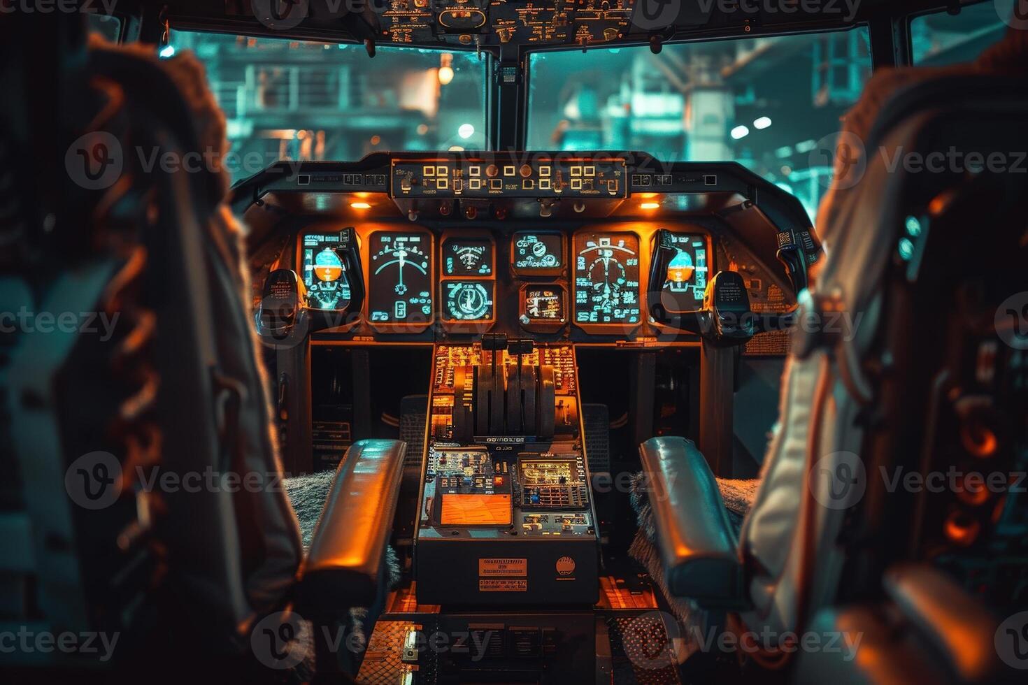 An intricate cockpit glows softly with various lights, showcasing advanced controls and instruments in a tranquil setting. photo