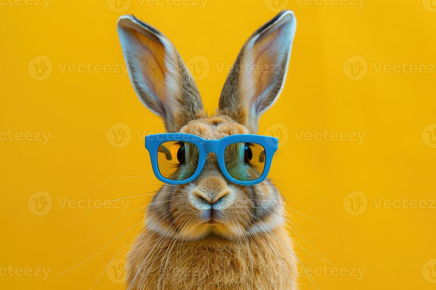 A stylish rabbit dons vibrant sunglasses, showcasing a confident look against a cheerful yellow backdrop. photo