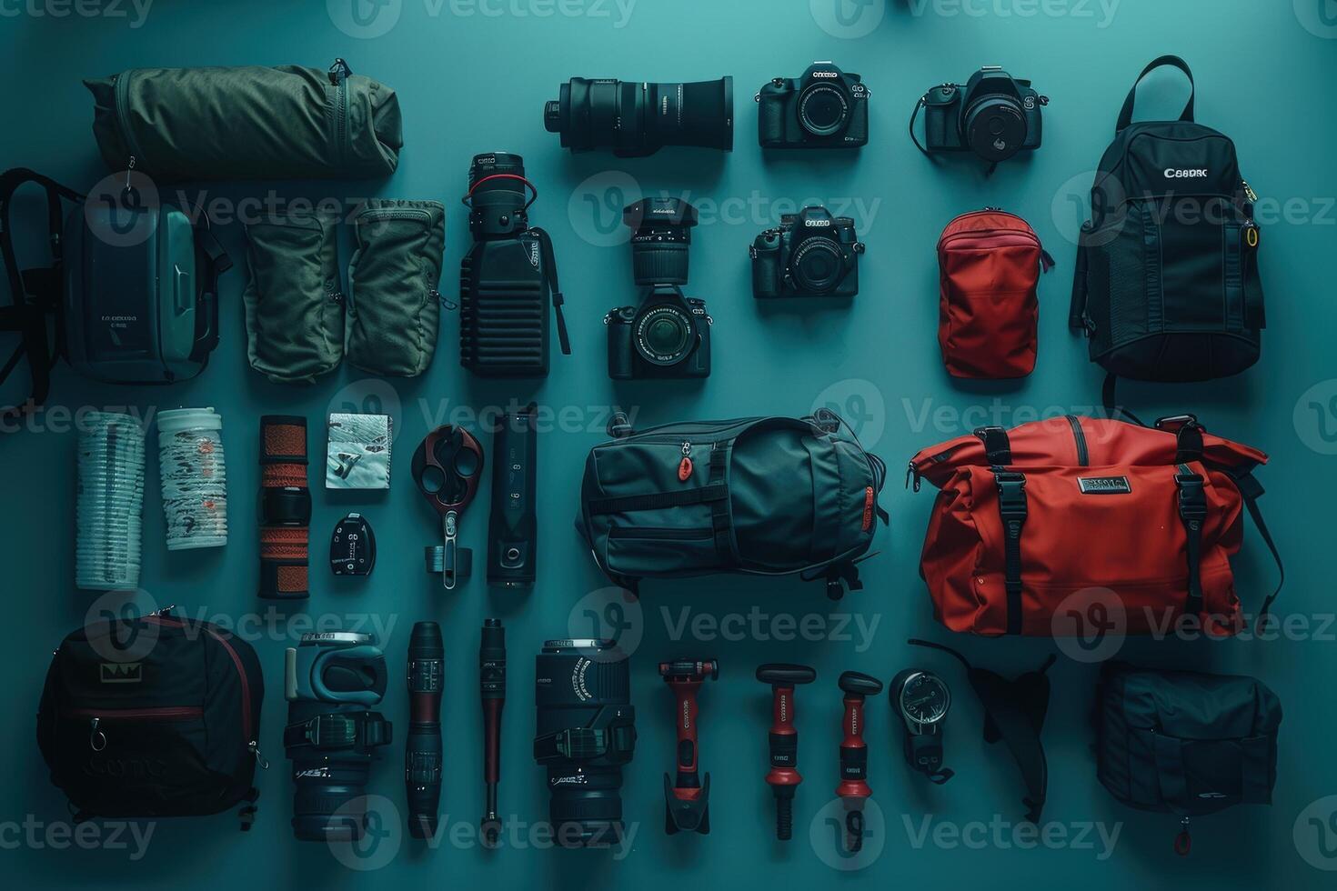 An assortment of specialized diving equipment is organized meticulously, showcasing various tools essential for underwater exploration. photo