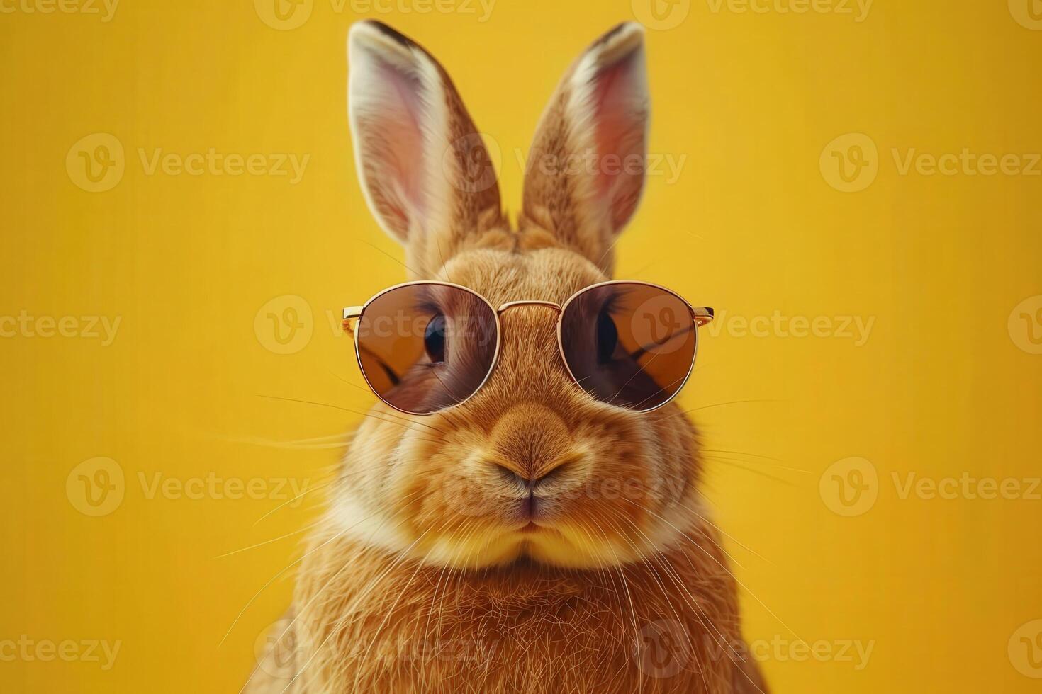 A trendy rabbit dons sunglasses, exuding charm and confidence against a vibrant yellow backdrop, embracing the sunny vibes. photo