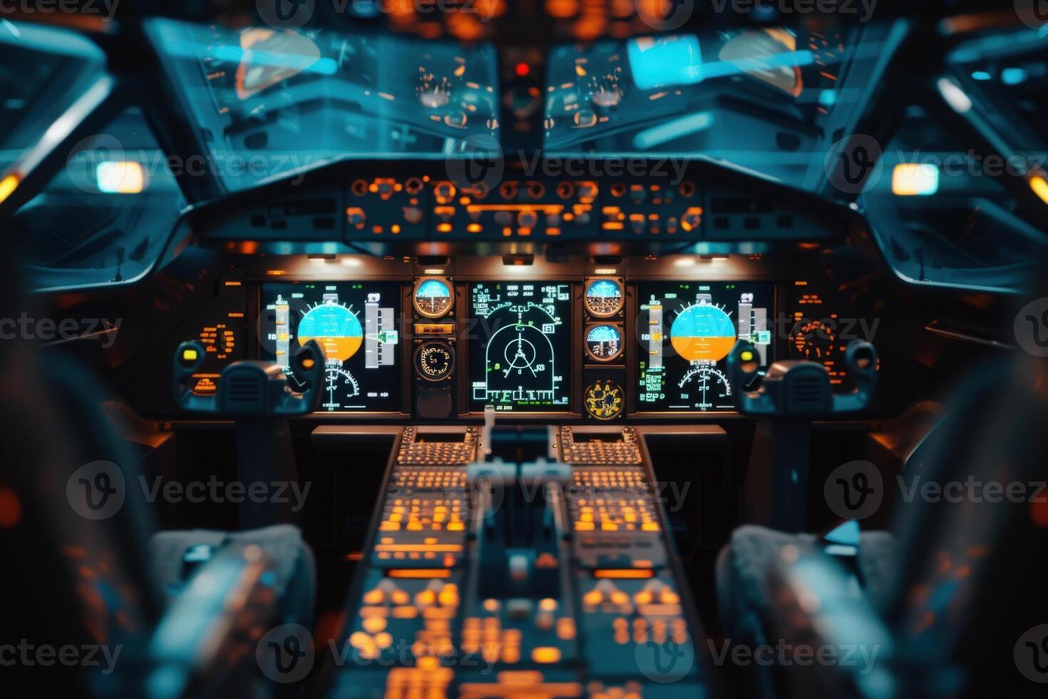 A futuristic cockpit glows with vibrant displays, showcasing an array of instruments and controls under a sleek design. photo