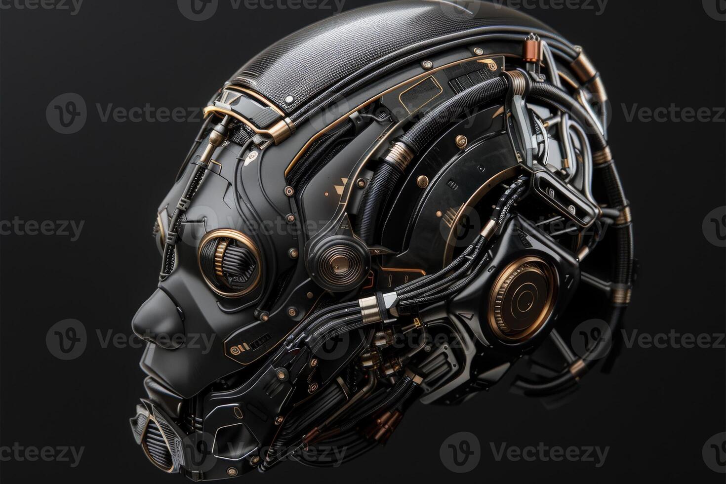 A detailed, isolated robot head showcases intricate mechanical components, blending technology with artistry against a dark backdrop. photo