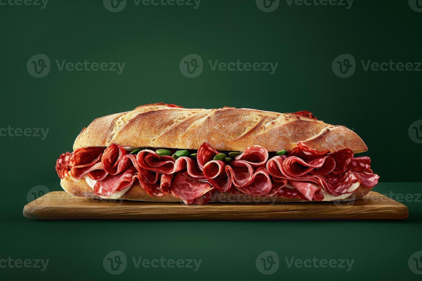 A close-up view of a delicious Jamon Serrano sandwich, showcasing layers of cured meat and fresh ingredients, resting on a wooden board. photo