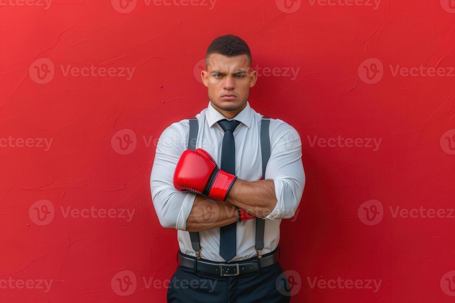 An isolated salesman stands confidently against a bold red wall, wearing boxing gloves and a sharp suit, ready to tackle the challenges of the day. photo