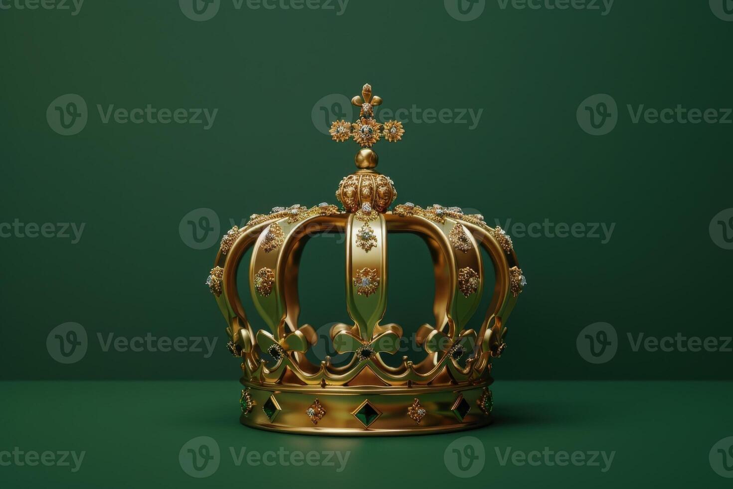 A stunning golden crown, lavishly adorned with intricate details, rests elegantly on a vibrant green surface, exuding royal charm and artistry. photo