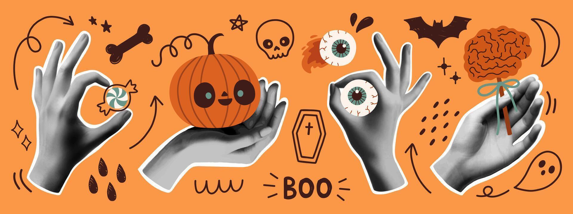 Halloween collage banner template for media design. Spooky modern cut out elements and doodles. Trendy pop art vector
