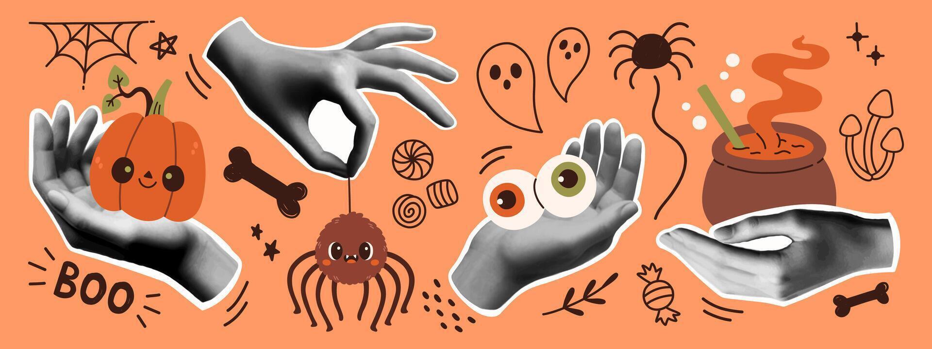 Halloween collage banner template for media design. Spooky modern cut out elements and doodles. Trendy pop art vector