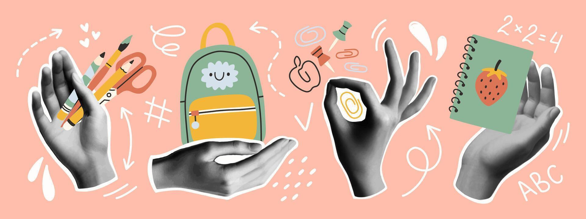Back to school collage hands set. Trendy gesture signs. Modern forms for card, print on cloth. Halftone hands. vector
