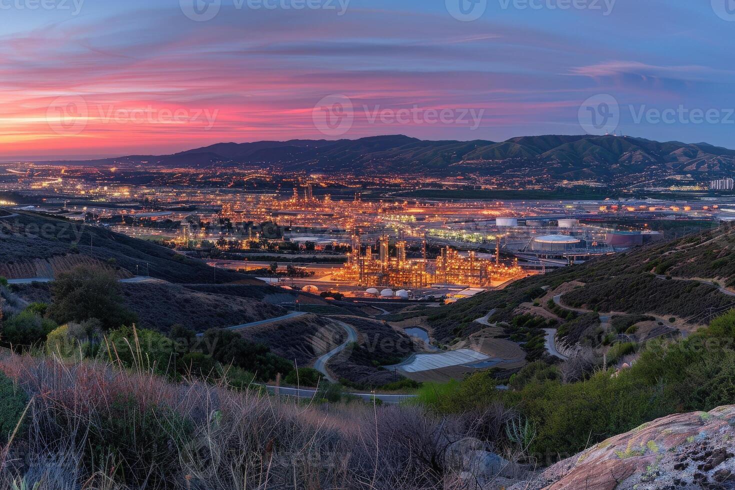 A panoramic view of a sprawling oil refinery at dusk, with the city lights twinkling in the distance and a vibrant sunset painting the sky with hues of pink and purple. photo