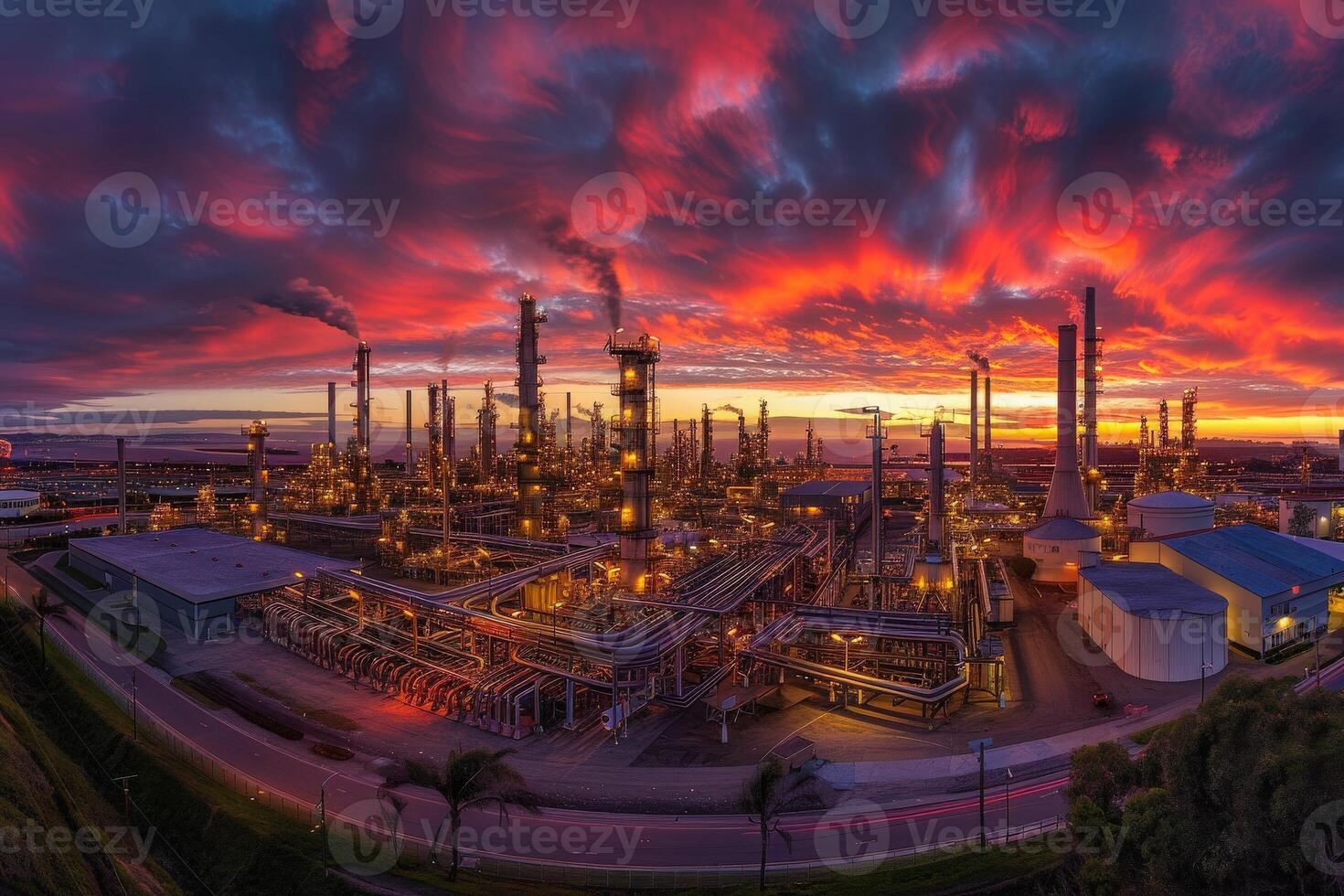 An aerial view of a sprawling oil refinery at sunset, showcasing its vast infrastructure and the vibrant red sky. photo