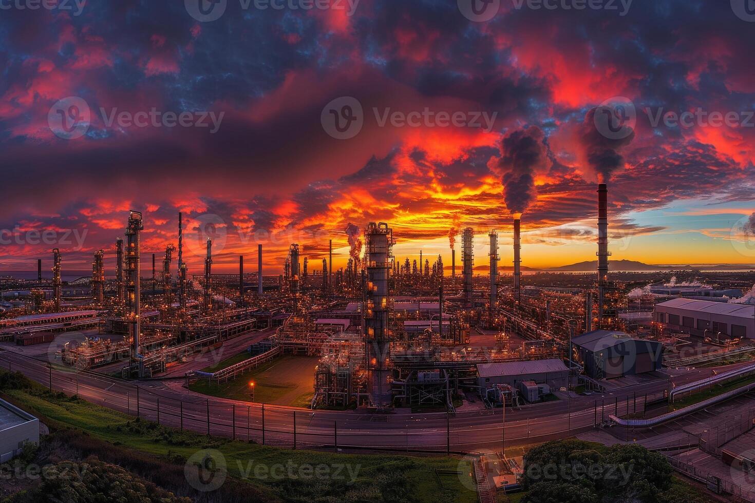 A panoramic view of an active oil refinery at sunset, with dramatic fiery clouds and smoke plumes rising from the tall chimneys. photo