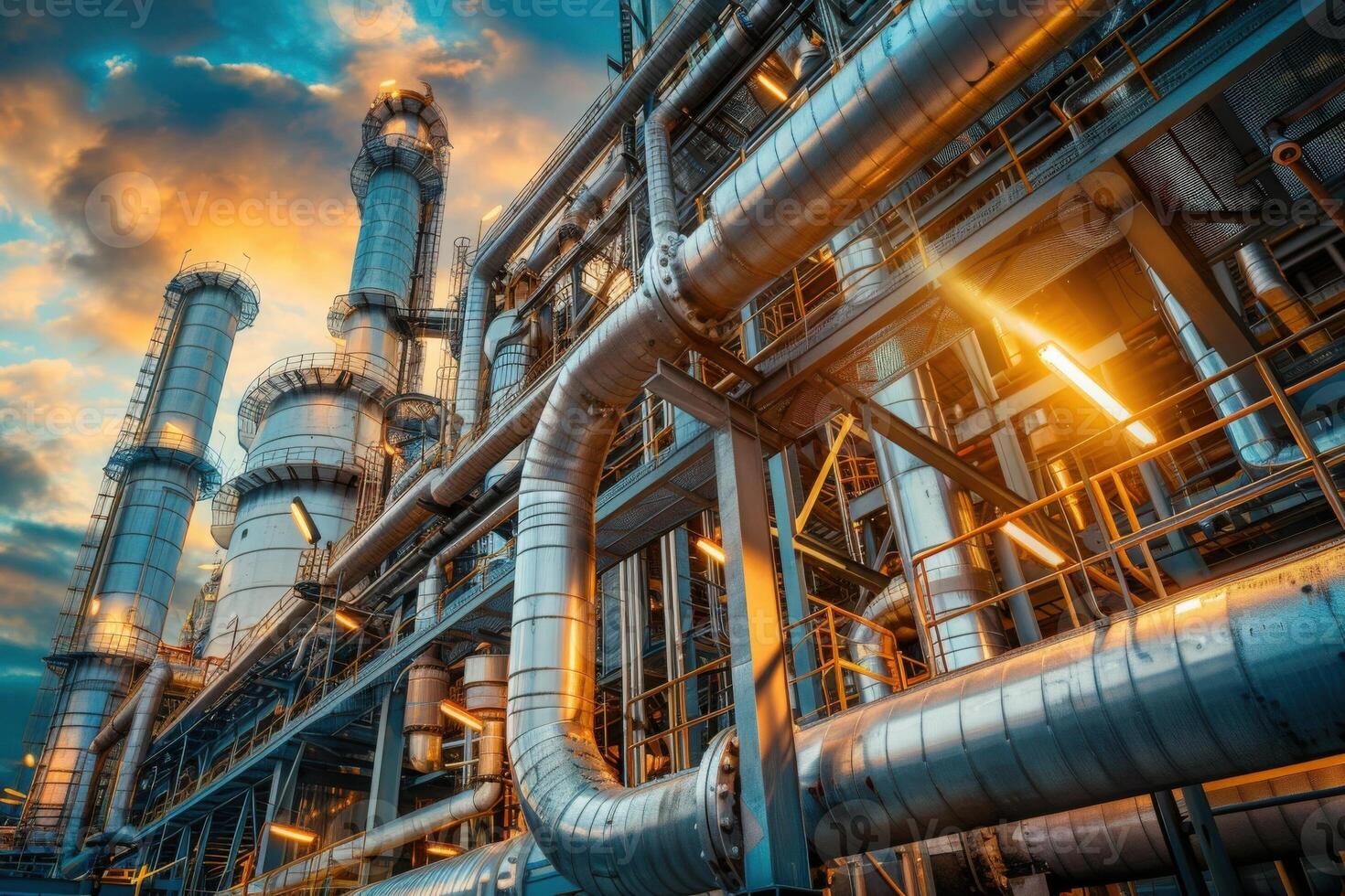 A sprawling oil refinery stands silhouetted against a vibrant sunset, its intricate network of pipes and towers a testament to industrial might. photo
