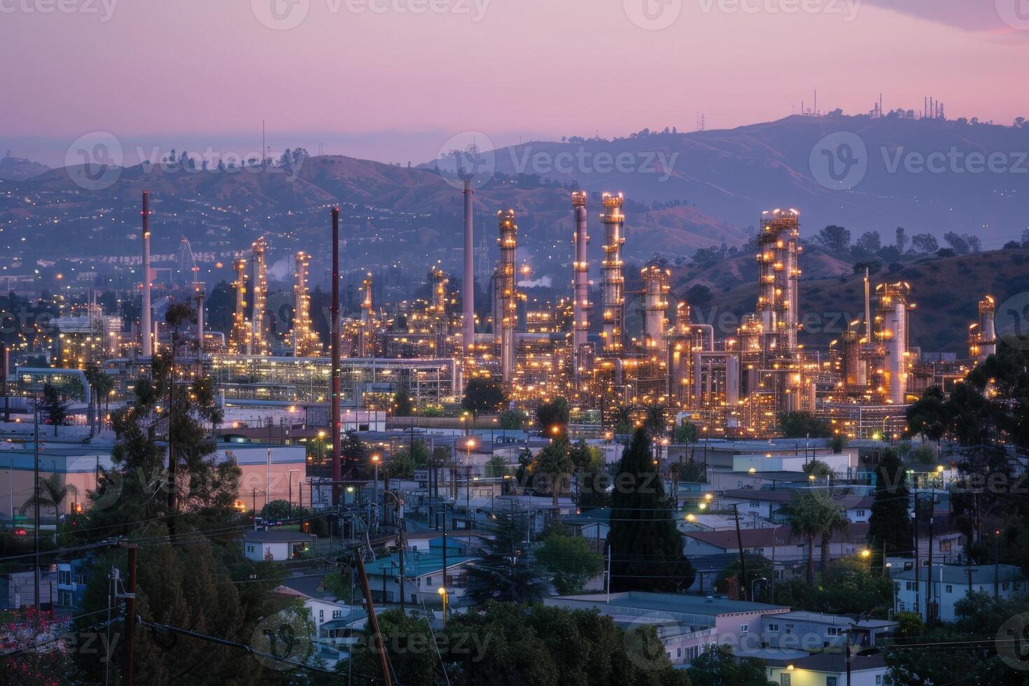 A sprawling oil refinery lights up the landscape at dusk, as the sun sets behind a line of hills. photo