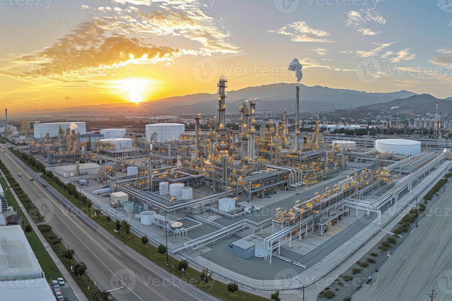An aerial view of a sprawling oil refinery at sunset, showcasing the complex network of pipes, tanks, and structures. The golden light casts long shadows across the industrial landscape. photo
