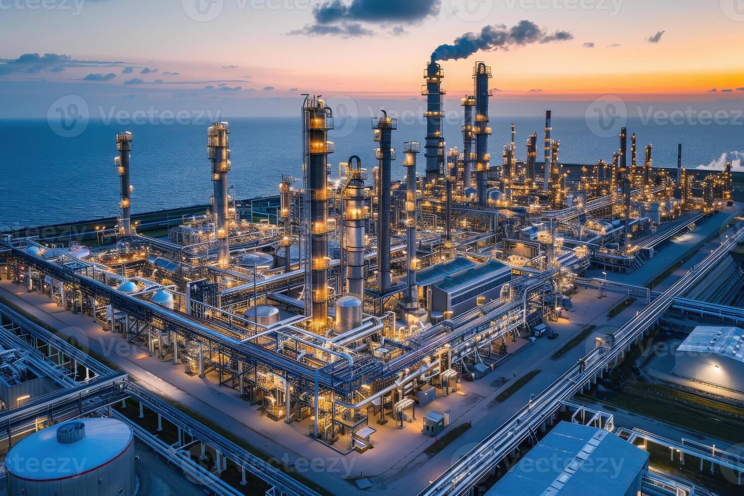A vast oil refinery complex glows with activity as the sun sets over the horizon, casting a warm light over the intricate network of pipes, tanks, and towers. photo