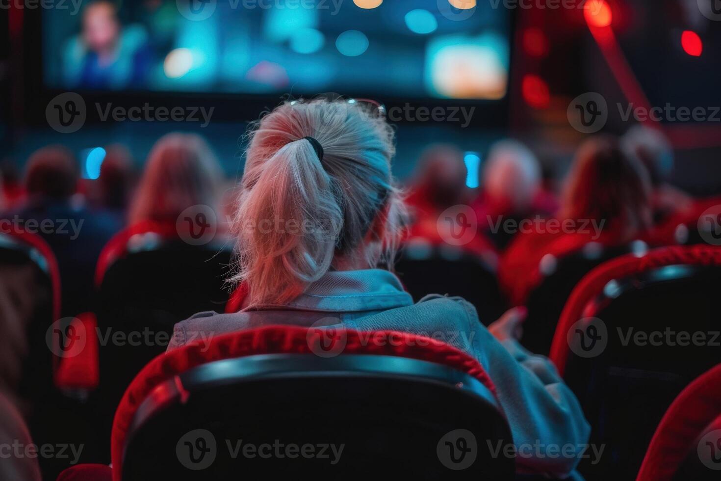 An audience is captivated by a performance, their faces illuminated by the glow of the screen in a dimly lit theater. photo