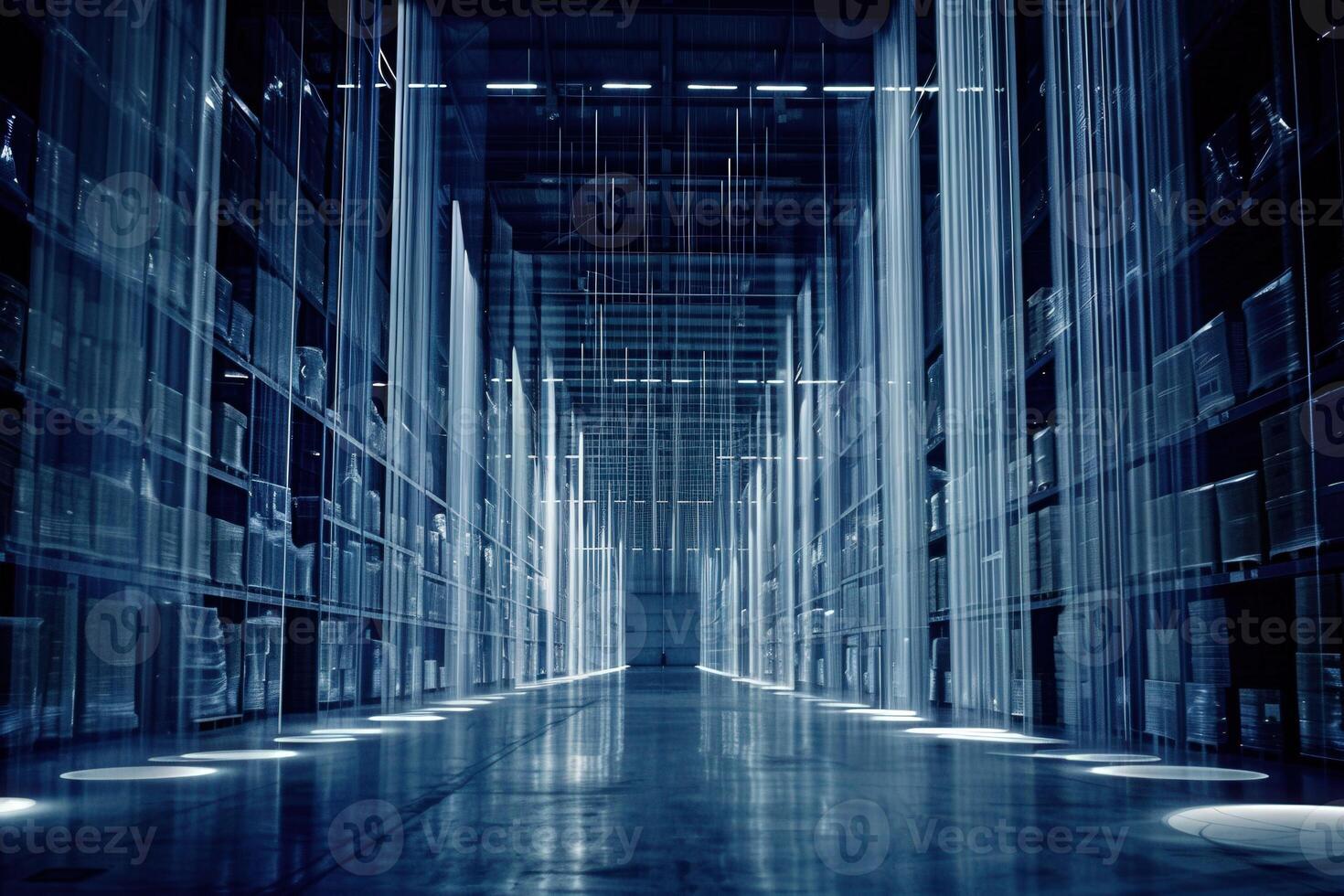A futuristic warehouse with rows of shelves and a long, illuminated corridor. The room is lit by suspended light sources, creating a surreal and otherworldly atmosphere. photo
