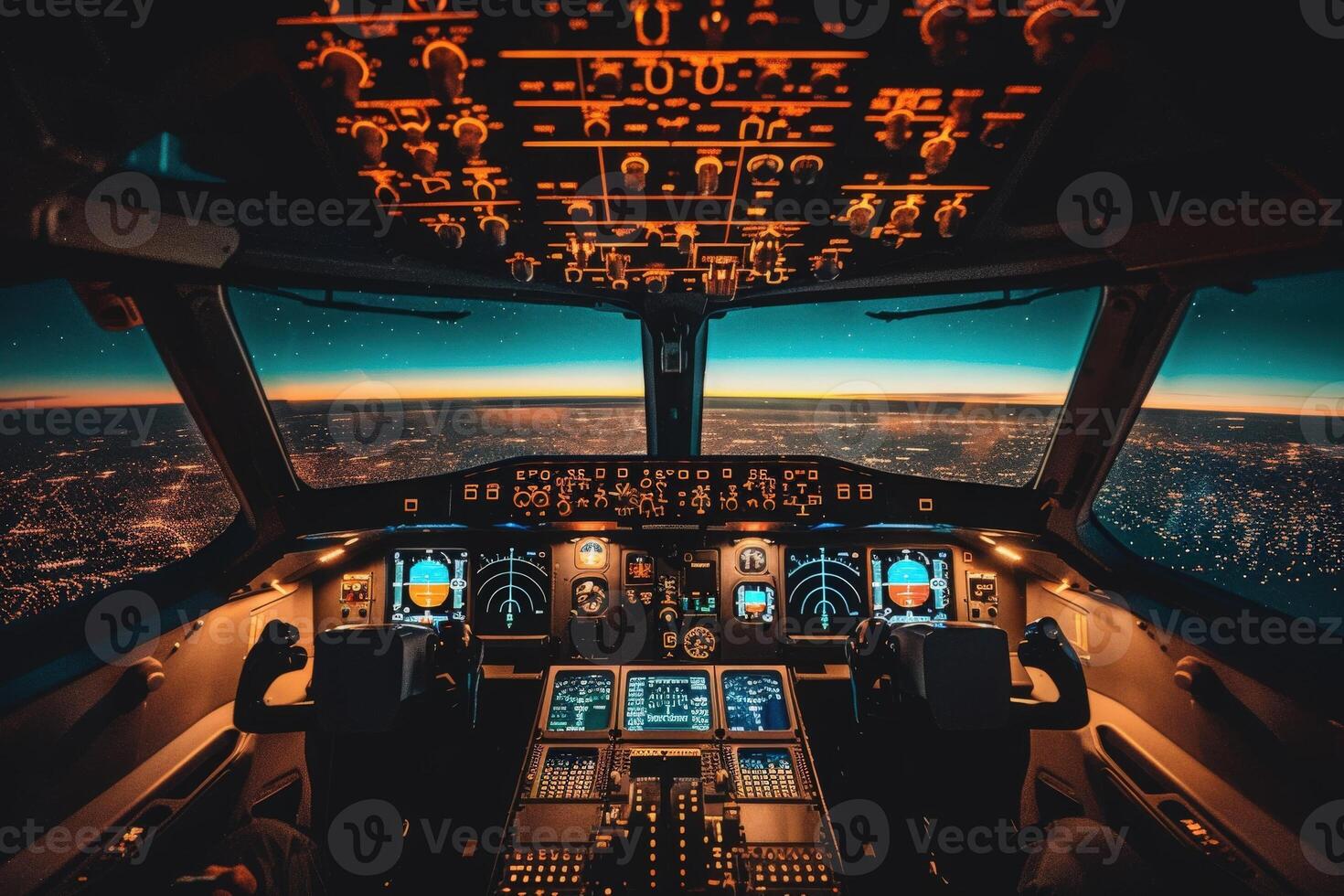 The cockpit of an airplane at night, with a view of a city skyline illuminated by streetlights. photo