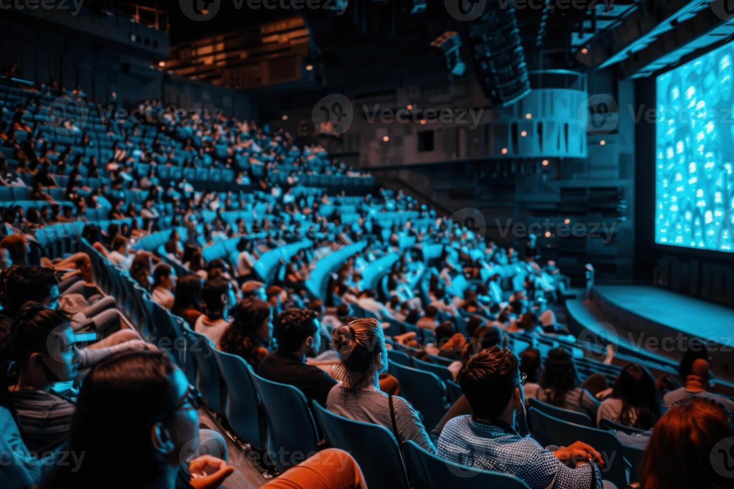 A captivated audience fills a modern theater, their attention fixed on a mesmerizing display on the screen. The atmosphere is electric with anticipation and wonder. photo