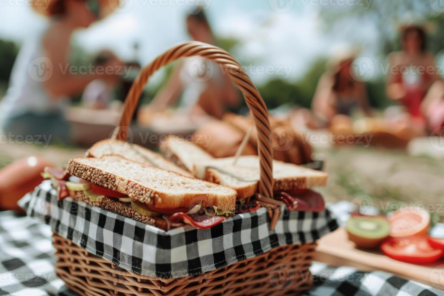 A wicker picnic basket filled with sandwiches sits on a checkered tablecloth. The basket is surrounded by a blurry background of people enjoying a sunny picnic. photo