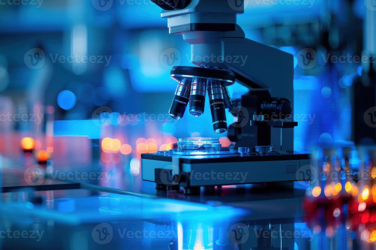 Futuristic lab with blue light, a microscope at center focused on a glass slide. Test tubes with red liquid in background imply ongoing research photo