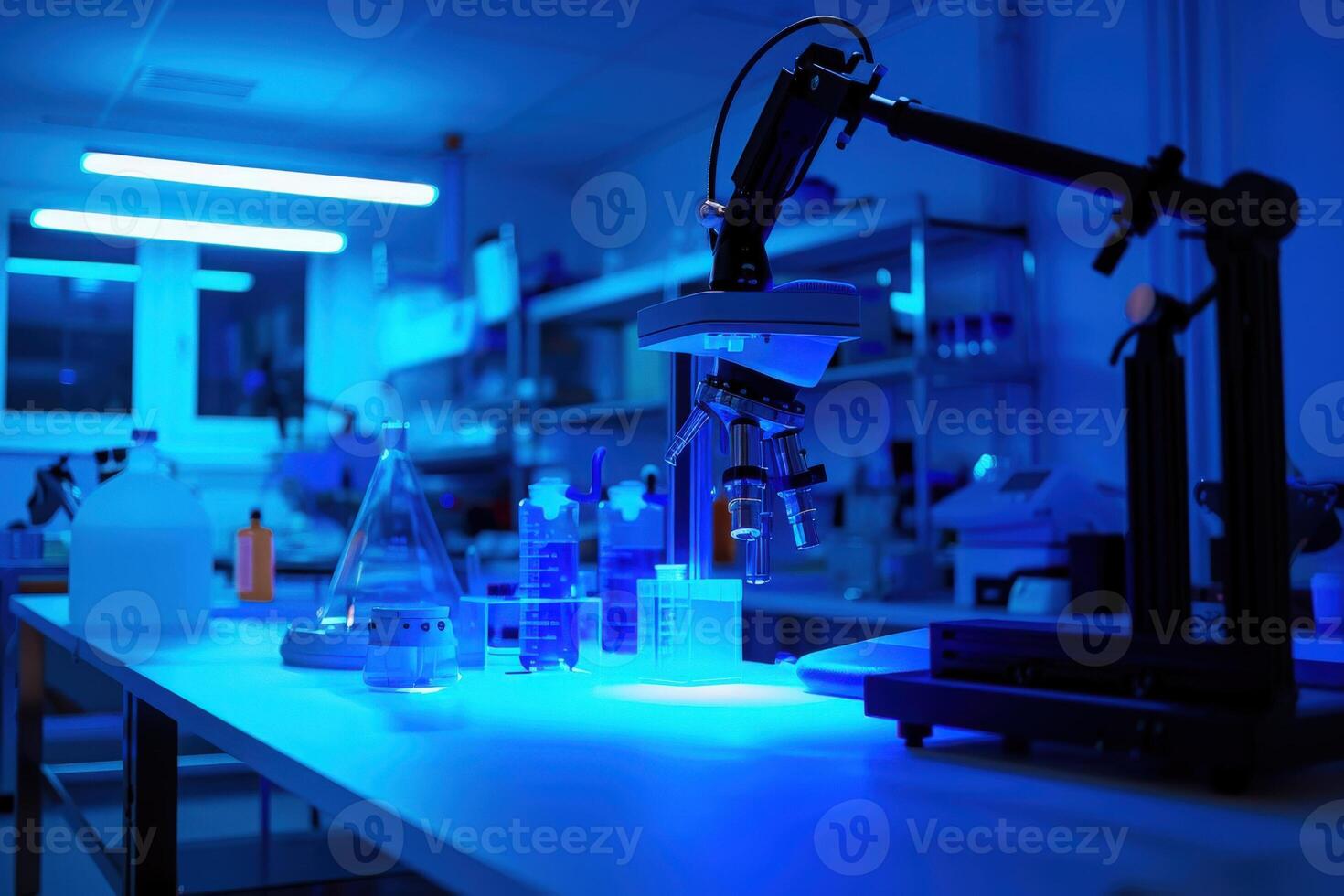 A futuristic laboratory bathed in blue light, showcasing advanced equipment and beakers filled with colorful liquids. The image evokes a sense of scientific exploration and technological advancement. photo