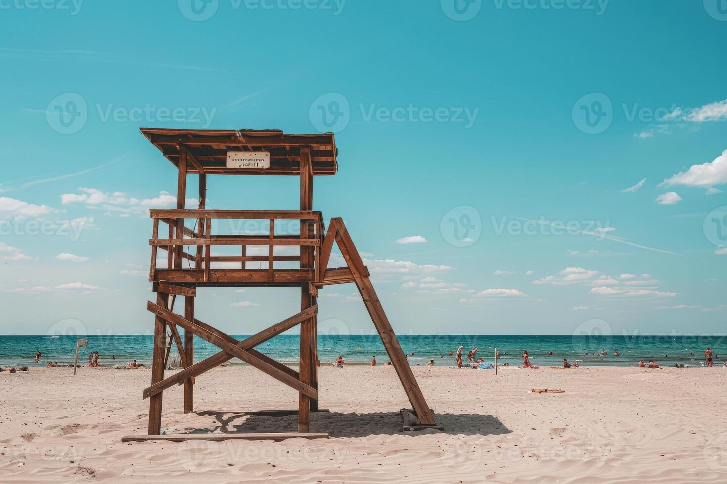A wooden lifeguard tower stands on a sandy beach with blue sky and ocean in the background. People are enjoying the beach and the water. photo