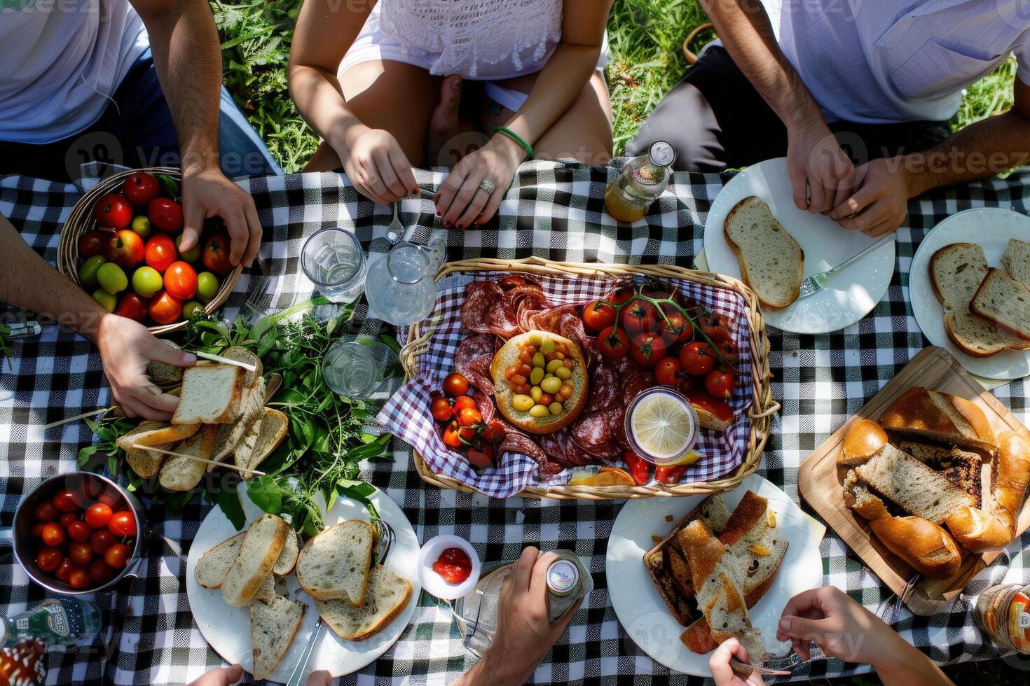 A group of friends enjoy a delightful picnic spread on a checkered blanket. They indulge in fresh bread, savory meats, and vibrant fruits, creating a joyful atmosphere of sharing and camaraderie. photo