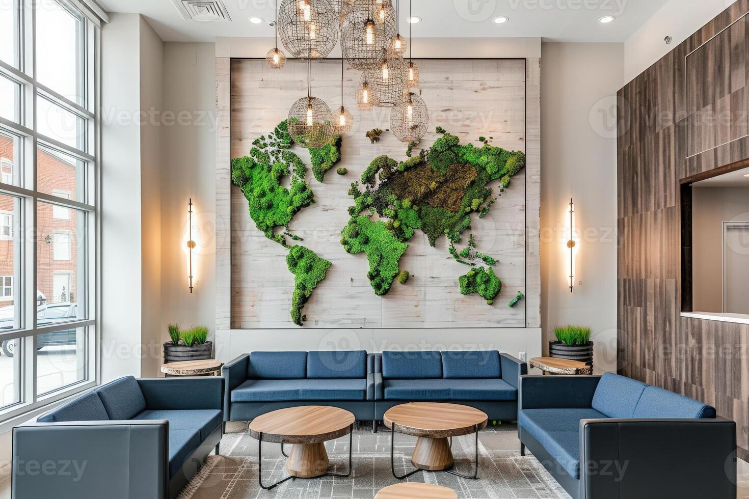 A contemporary lobby features a large moss-covered world map wall installation, blue sofas, wooden coffee tables, and modern light fixtures. photo
