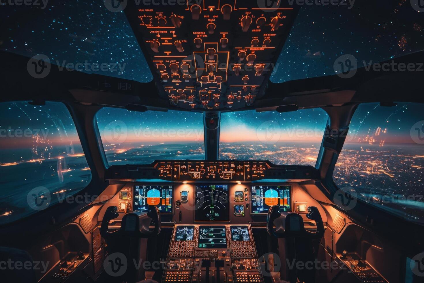 A view from the cockpit of an airplane, looking out over a sprawling city illuminated by countless lights, with a starry night sky above. photo