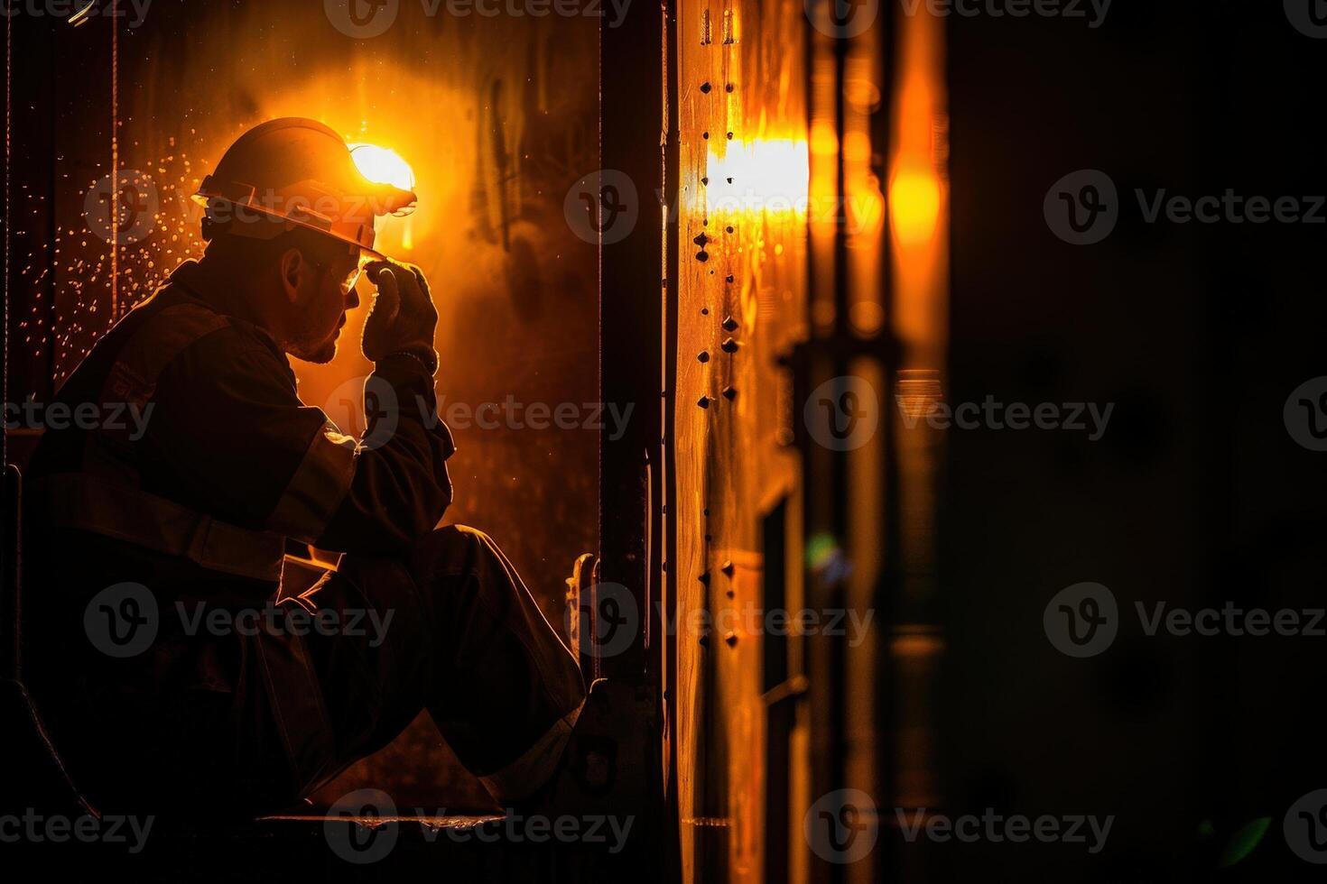 A maintenance technician sits alone, bathed in the warm glow of his headlamp, working diligently in the depths of a dark elevator shaft. photo