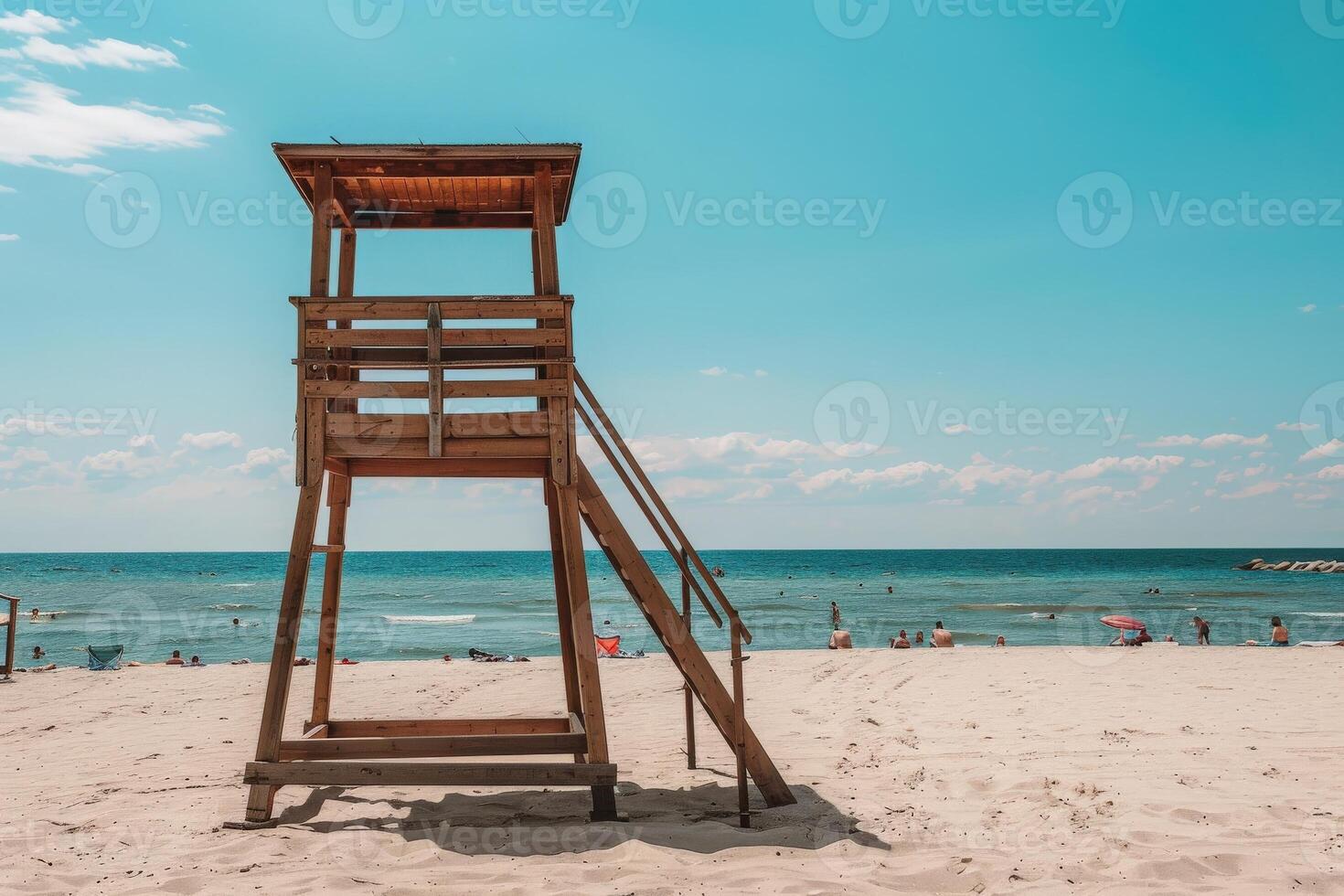A wooden lifeguard tower stands tall on a sandy beach, overlooking a calm ocean with clear blue skies. The sun shines brightly on the beach where people are enjoying the water and warm weather. photo