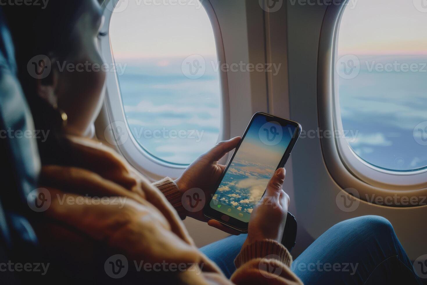 A traveler sits comfortably by the window, engrossed in a mobile app, admiring the beautiful clouds below during the journey. photo