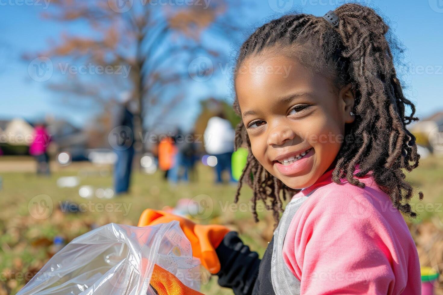A cheerful young volunteer wears bright gloves and collects litter, contributing to a clean community park on a beautiful day. photo