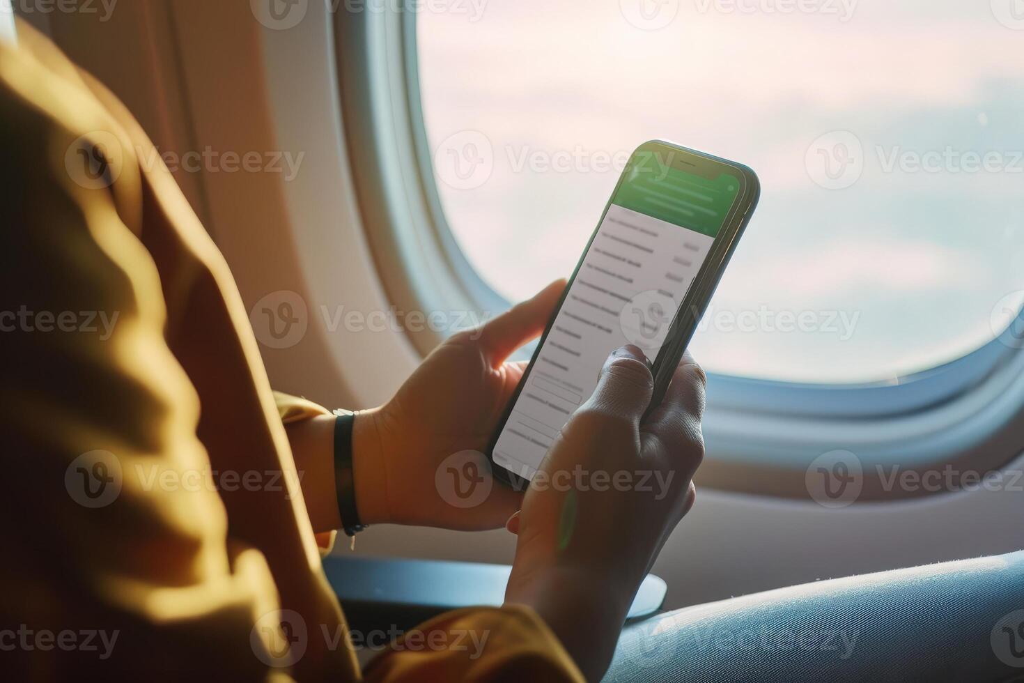 A traveler interacts with a mobile app to communicate with airline support during a flight, gazing out the window at the vast sky. photo