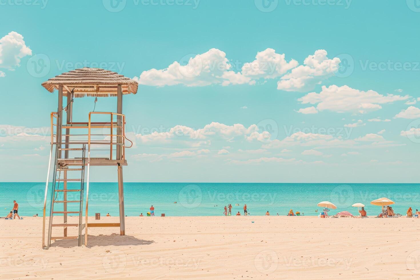 A lifeguard tower stands tall on a pristine sandy beach, overlooking a sparkling blue ocean. The sky is bright with fluffy white clouds. People relax on the shore, enjoying a day in the sun. photo