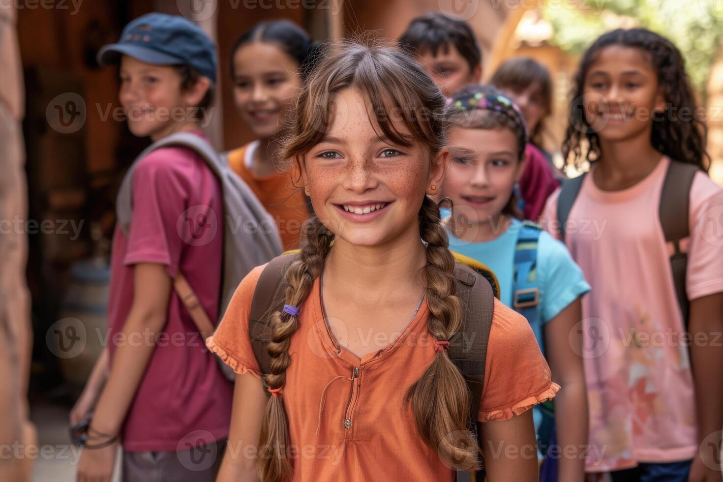A group of children, likely on their way to school, walk down a narrow passageway together. The girl in the center of the frame smiles brightly, her pigtails bouncing as she walks. photo