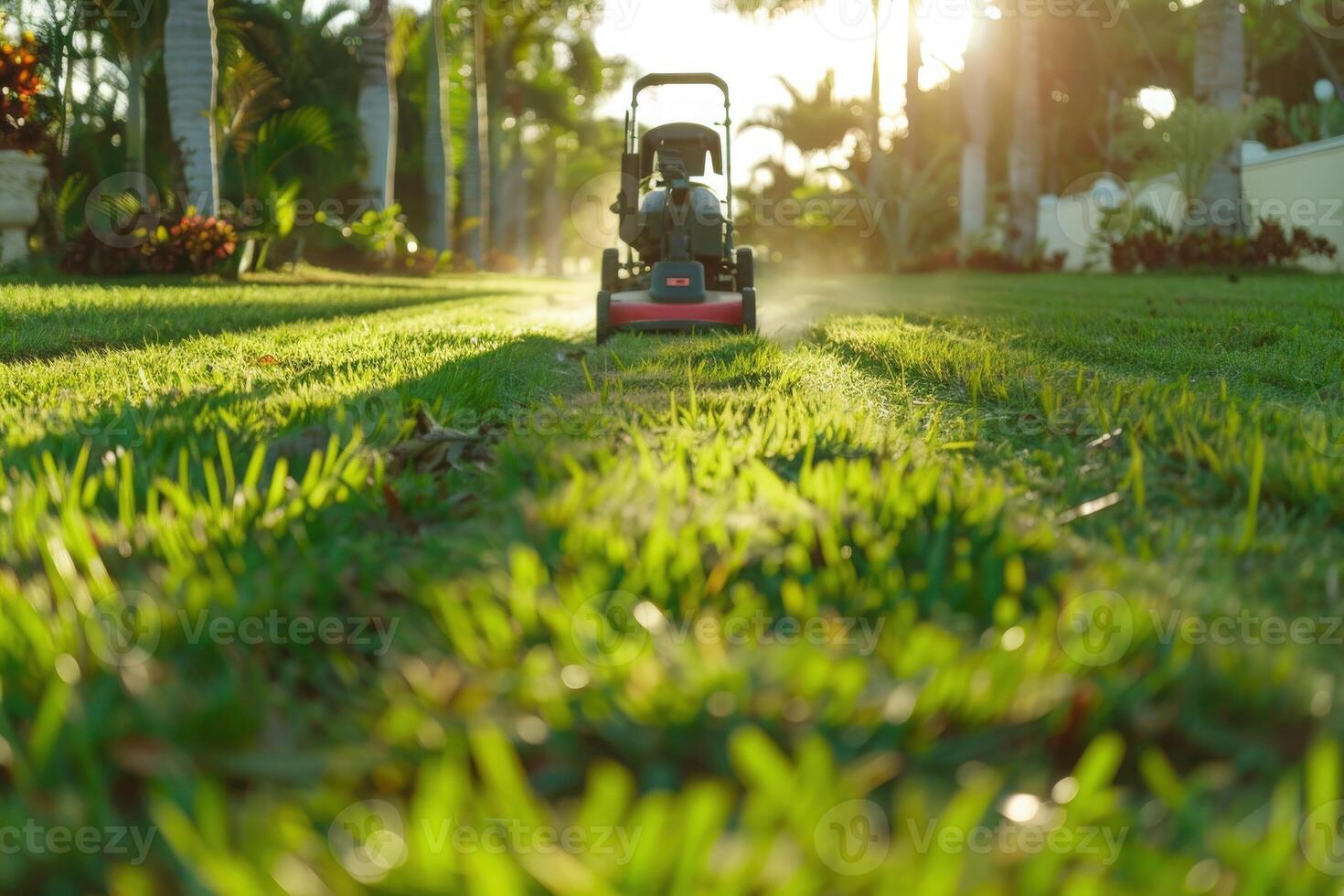 A lawnmower cuts through the lush green grass of a backyard, leaving behind a freshly cut path. The sun shines brightly, casting long shadows from nearby palm trees. photo