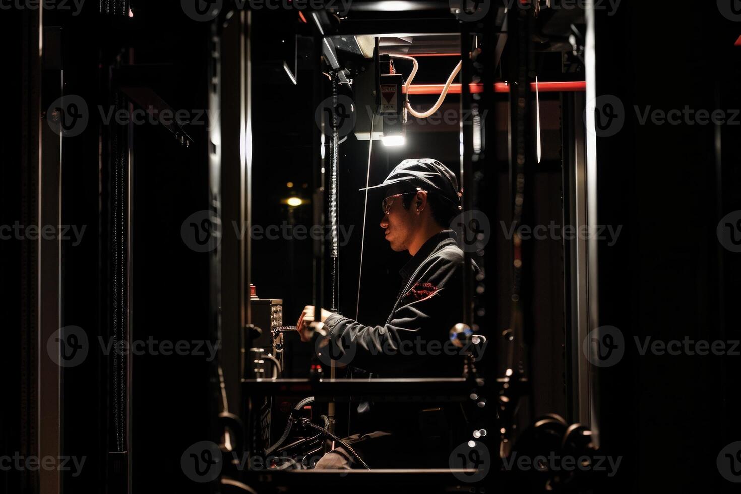 A maintenance technician works on a control panel inside an elevator shaft. The shaft is dimly lit, and the technician is focused on their task. photo