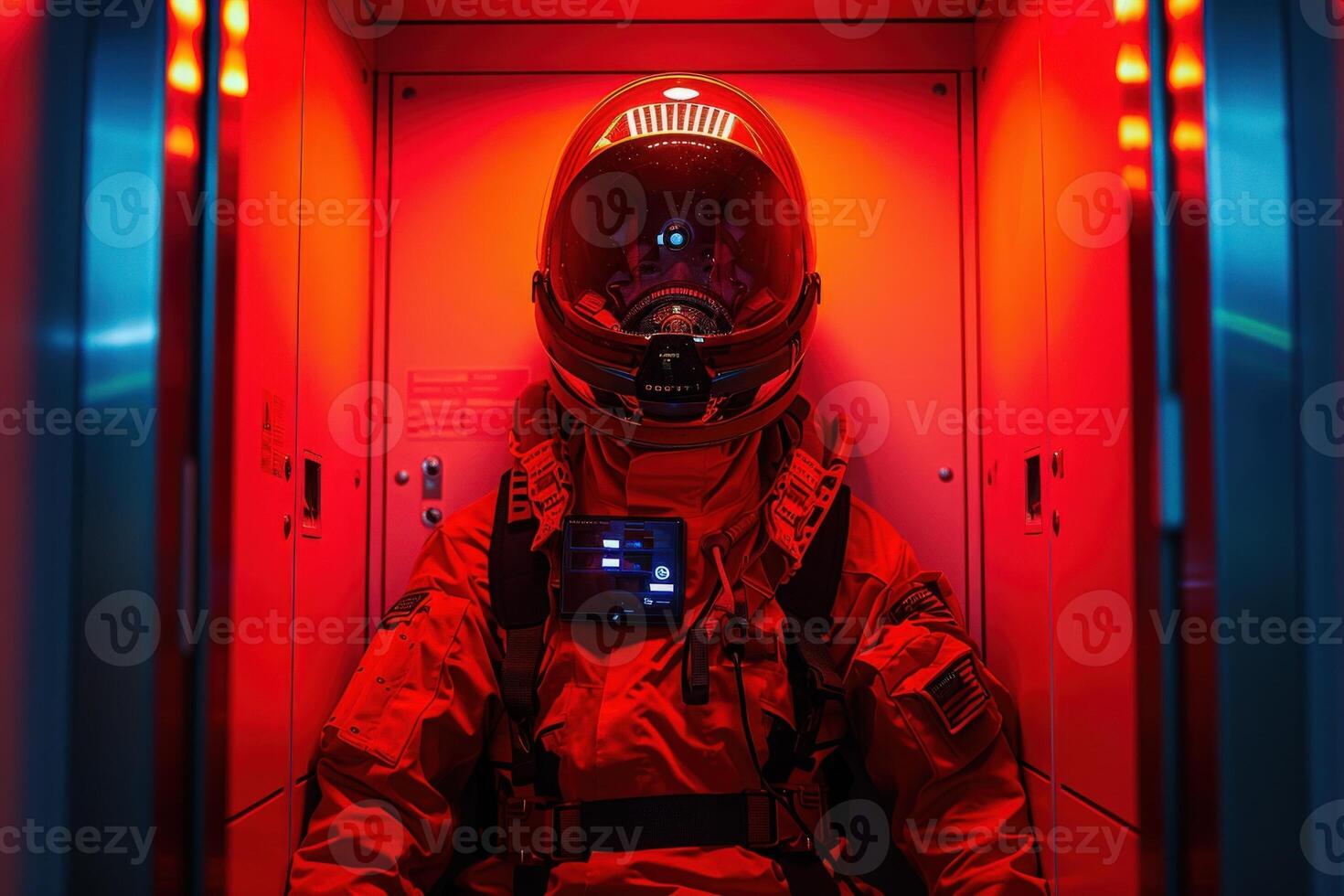A maintenance technician wearing a red jumpsuit and a helmet sits in an elevator illuminated by red lights. photo