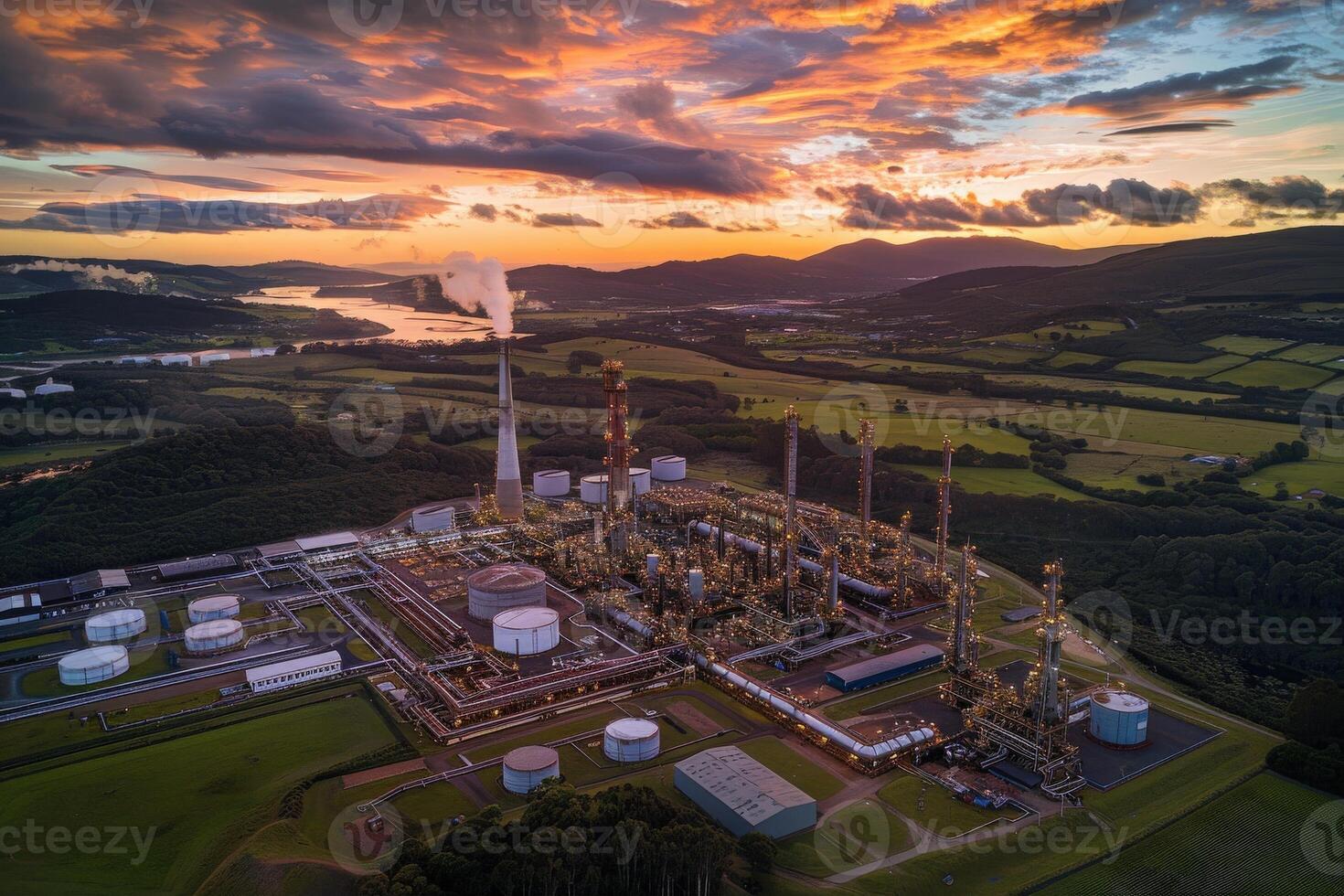 An oil refinery nestled in a valley, illuminated by the setting sun, with smoke rising from a tall stack. photo