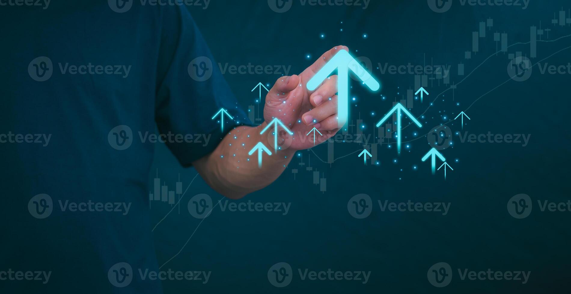 Planning and strategy, stock market, business growth, progress or success concept, businessman or trader showing growing virtual holographic stocks, invest in stock market trading or digital assets photo