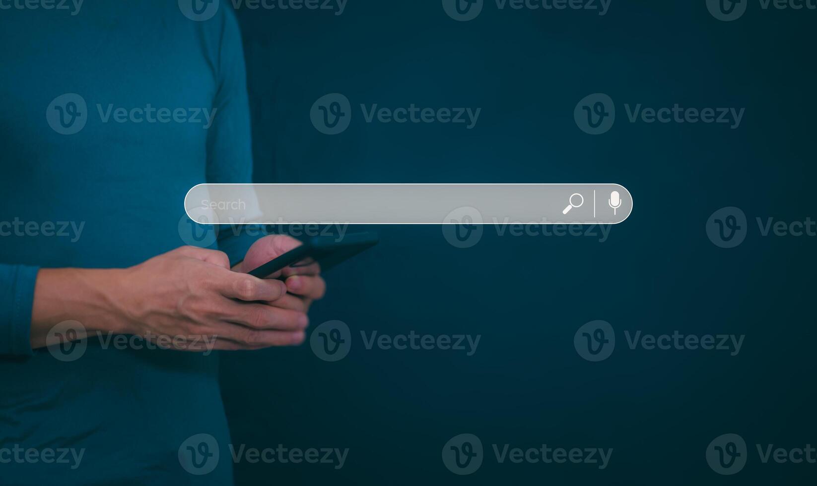 Information search technology, search engine optimization, male hand using a smartphone to search information, using the search bar function on your website photo