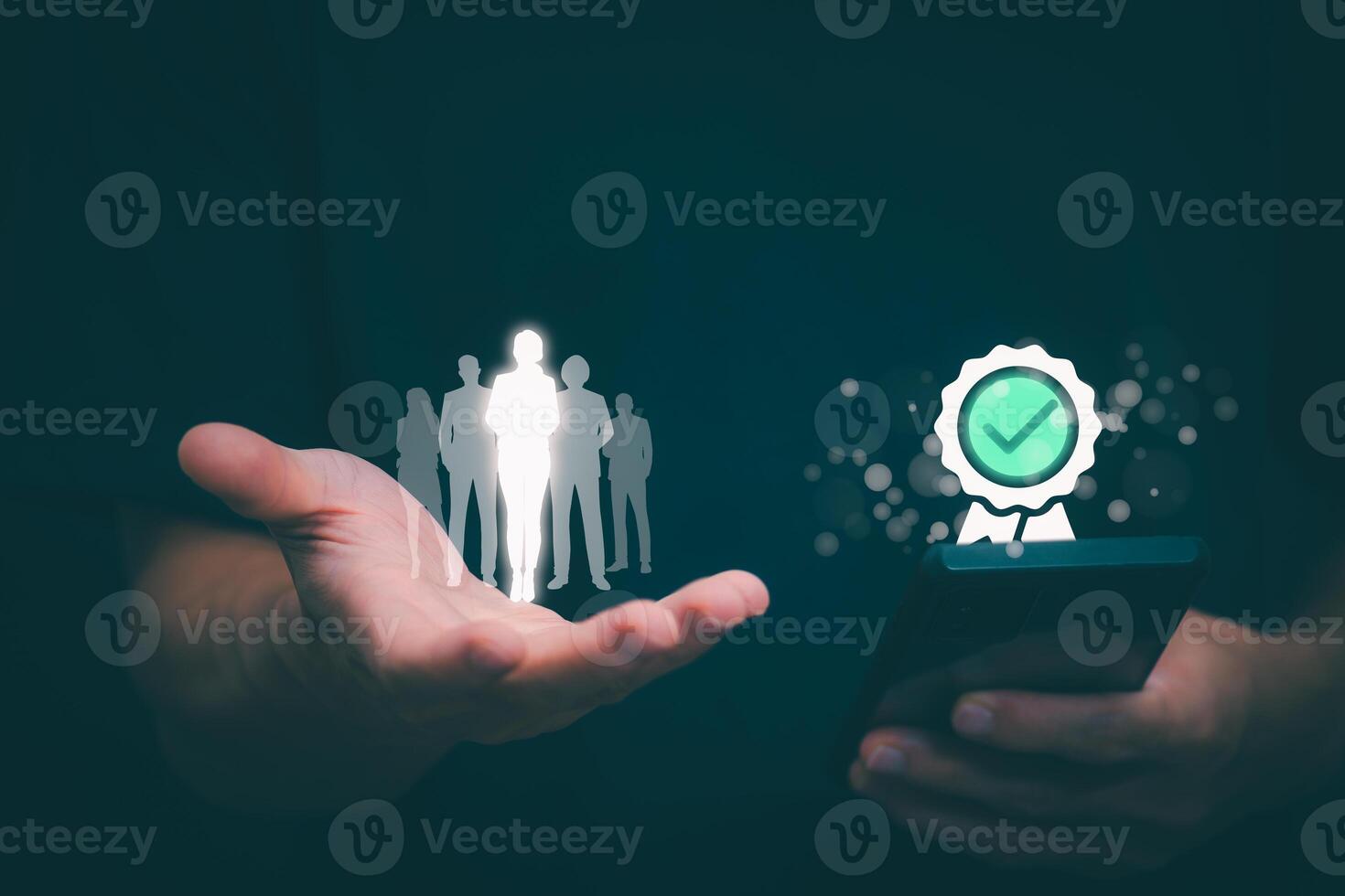 Male hand pointing at symbol of guarantee of quality of service Certification concept and standard quality control Standard warranty Documents certified on virtual screen photo
