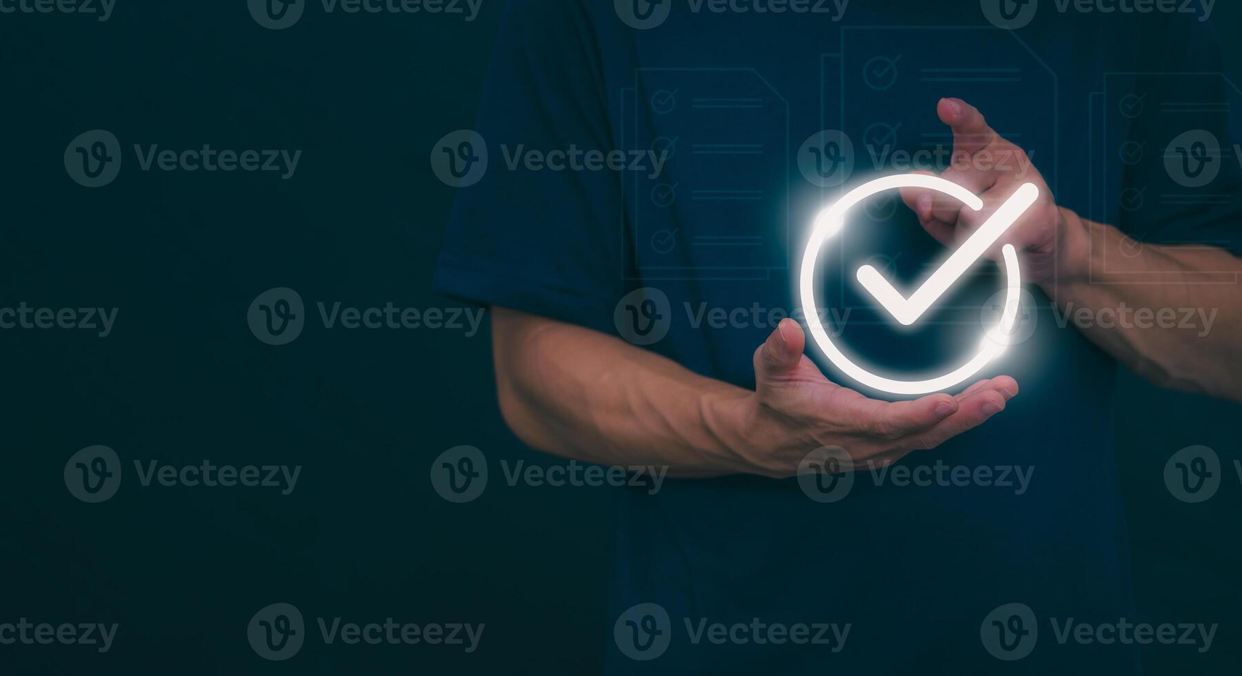 Male hand pointing at symbol of guarantee of quality of service Certification concept and standard quality control Standard warranty Documents certified on virtual screen photo