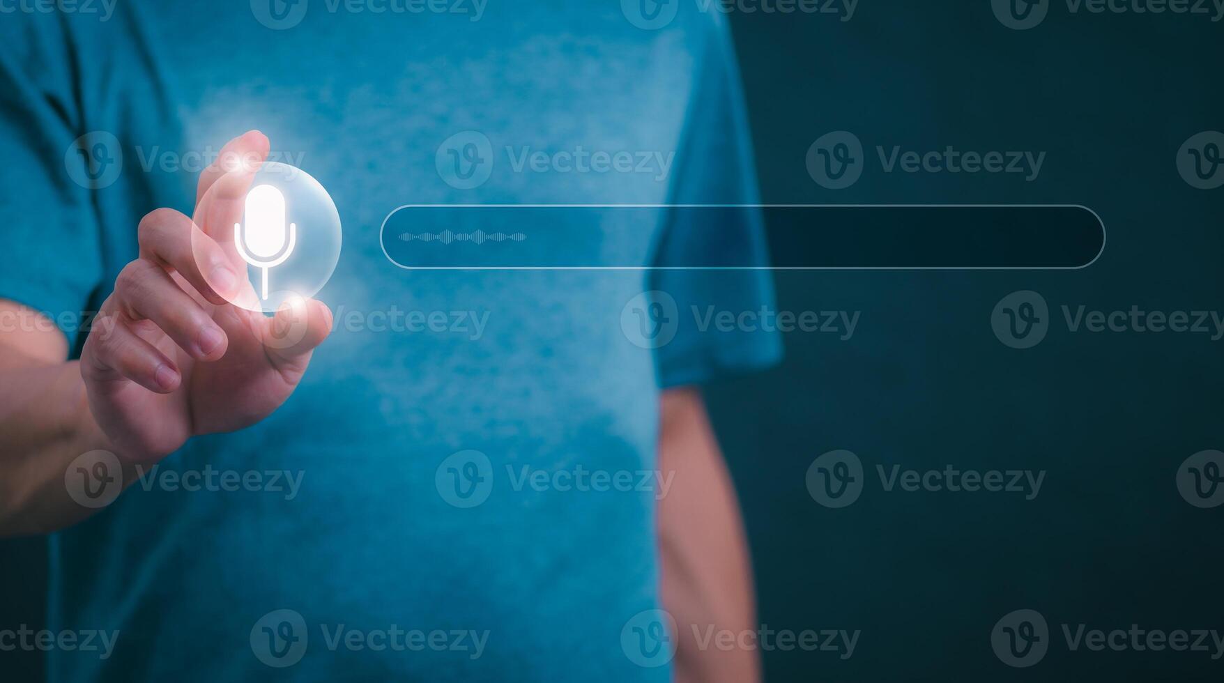 Information data search technology, search optimization, male hand using voice search, using the search bar function on your website, big data, automatic operation photo