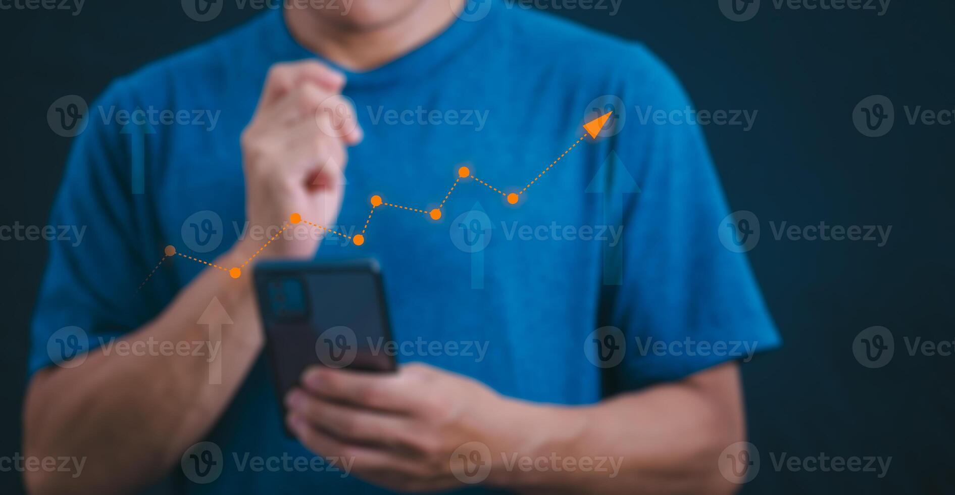 Planning and strategy, stock market, business growth, progress or success concept, businessman or trader showing growing virtual holographic stocks, invest in stock market trading or digital assets photo